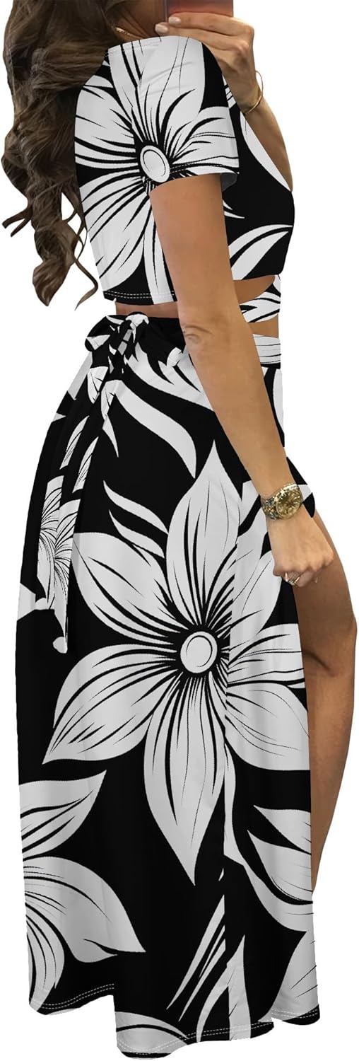 MESLIMA Women Casual 2 Piece Outfits Sexy V Neck Crop Top Boho Floral Print Beach High Split Maxi Dress Sets - Image 2