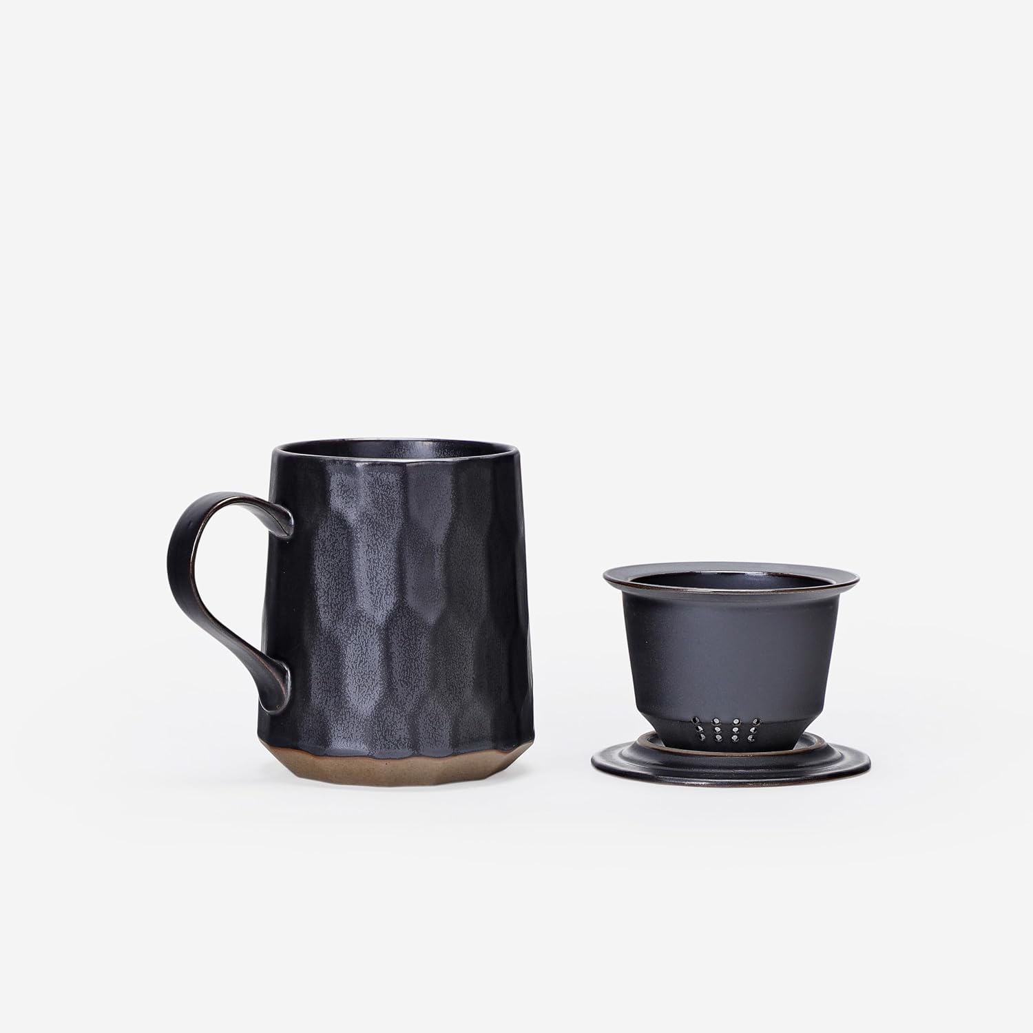 Pottery Tea Cup with Infuser and Lid, Stoneware Loose Leaf Infusion Tea Mug and Basket Filter for Home, Office or Gifts, Artistic Geometric, Metallic Black, 14oz
