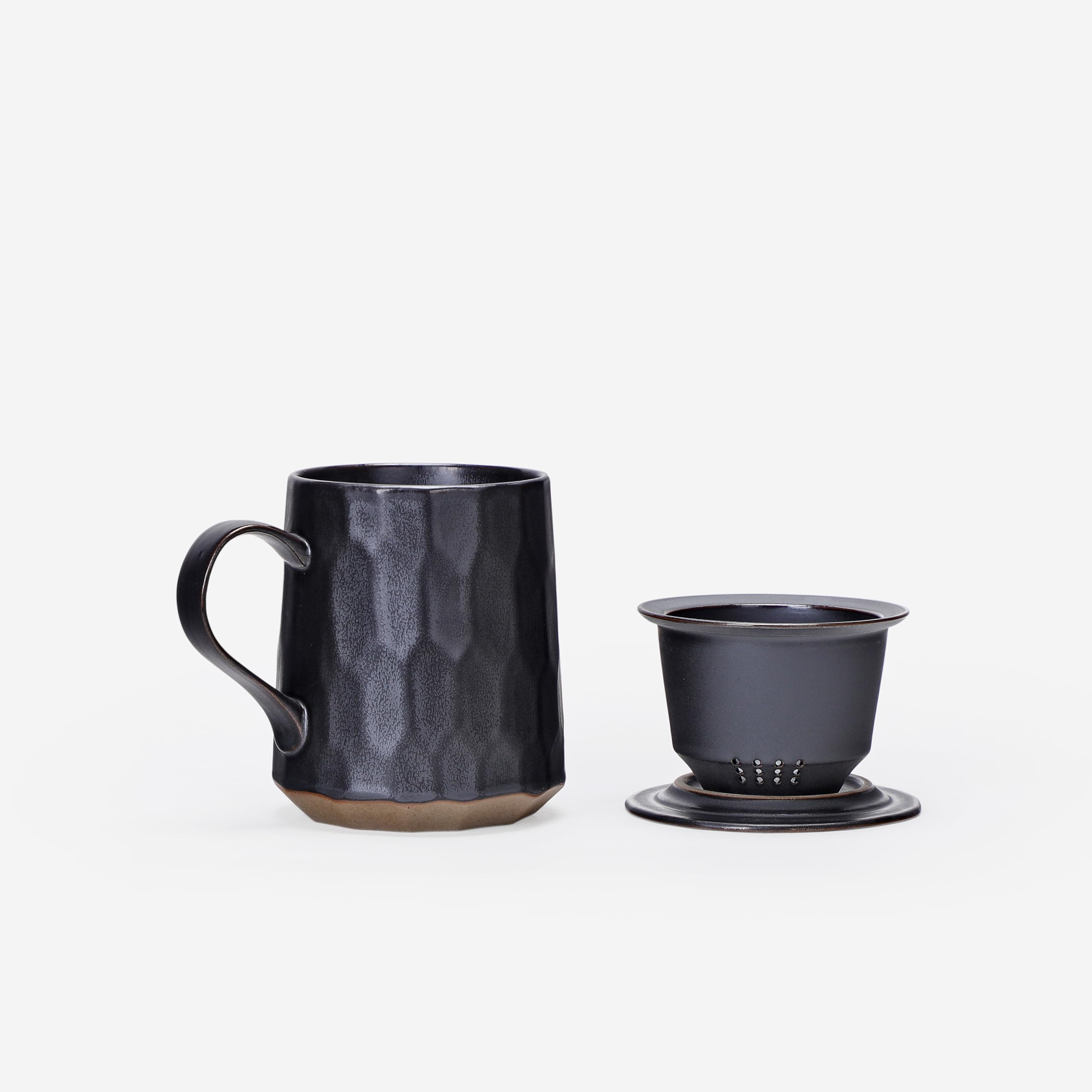 Tasse à thé en poterie avec infuseur et couvercle, tasse à infusion en grès avec filtre à panier, tasse à thé en céramique avec filtre pour la maison et le bureau, aspect géométrique