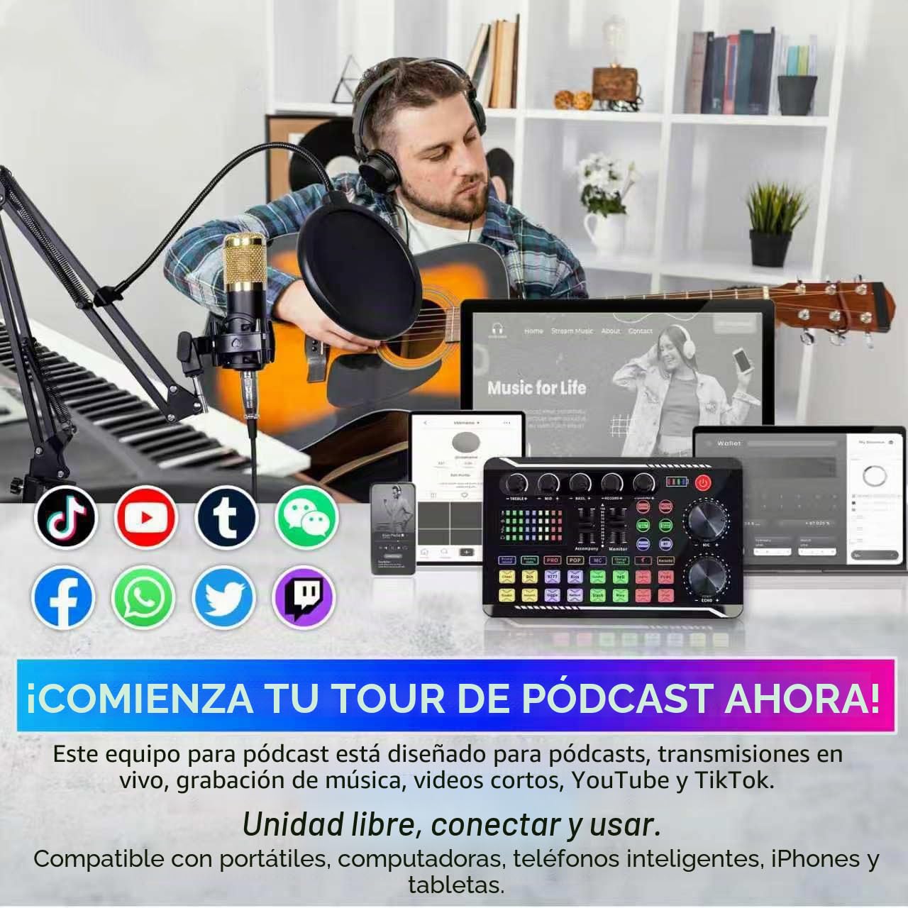 ALSO GO Paquete de equipo de podcast, micrófono condensador BM800 y kit de tarjeta de sonido en vivo con soporte de trípode, efectos de mezclador DJ y cambiador de voz, perfecto para estudios de