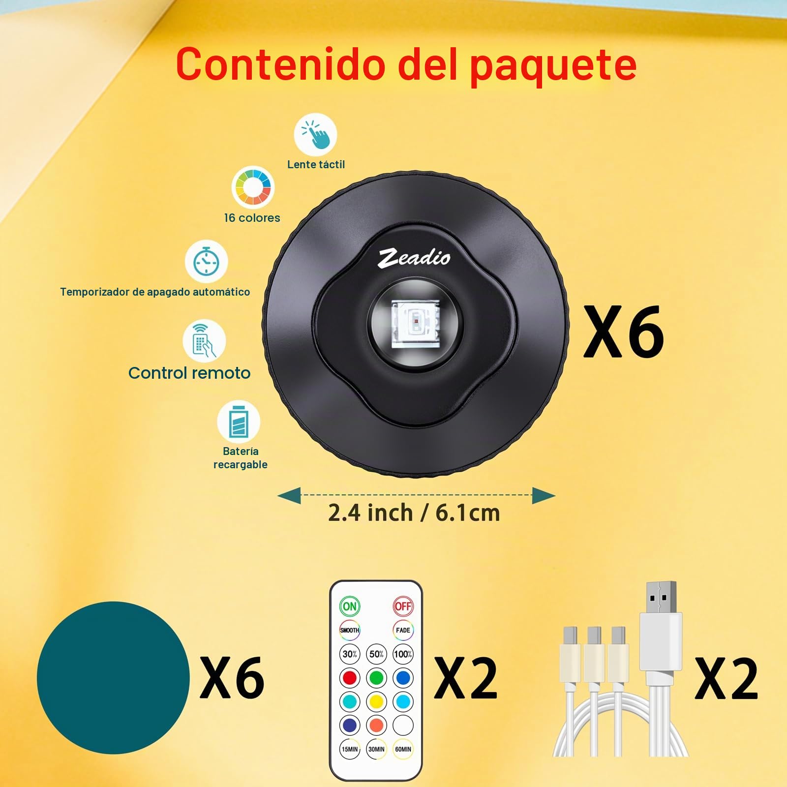 Zeadio luces de gabinete con control remoto, LED iluminación de techo recargable con pulsador de empuje suave y pulsador dimmable para sala de estar, dormitorio, despensa, etc (Paquete de 6)