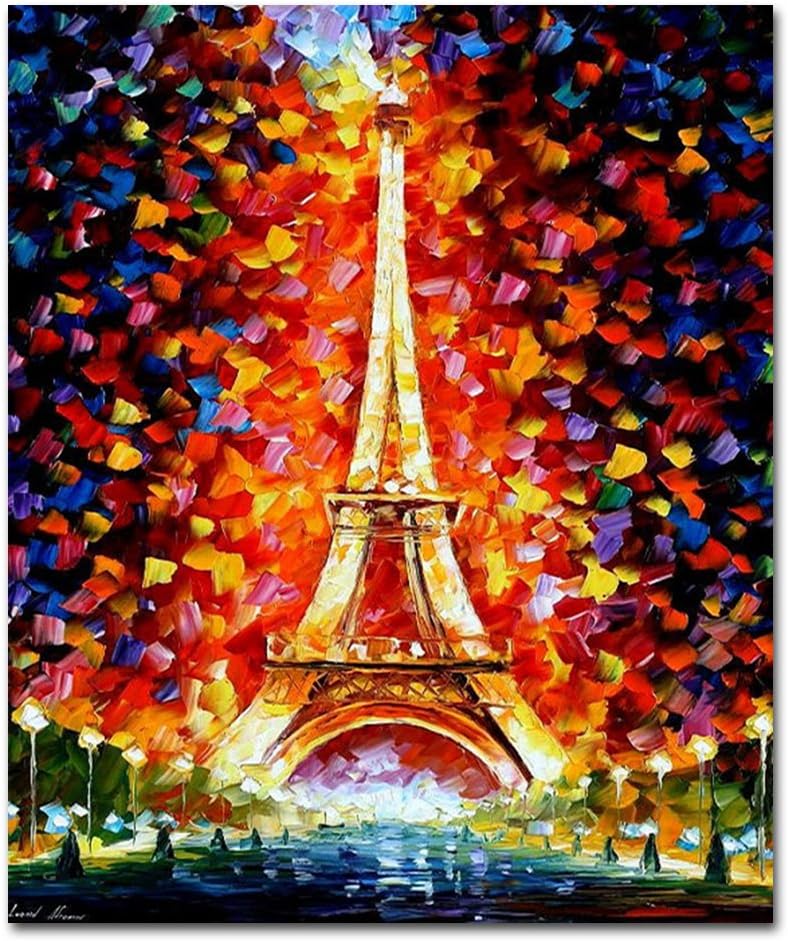 Muzagroo Art Paris Eiffel Tower Lighted Pictures Hand Painted Oil Paintings Large Canvas Paintings Home Decorations Wall Art(24x32in)