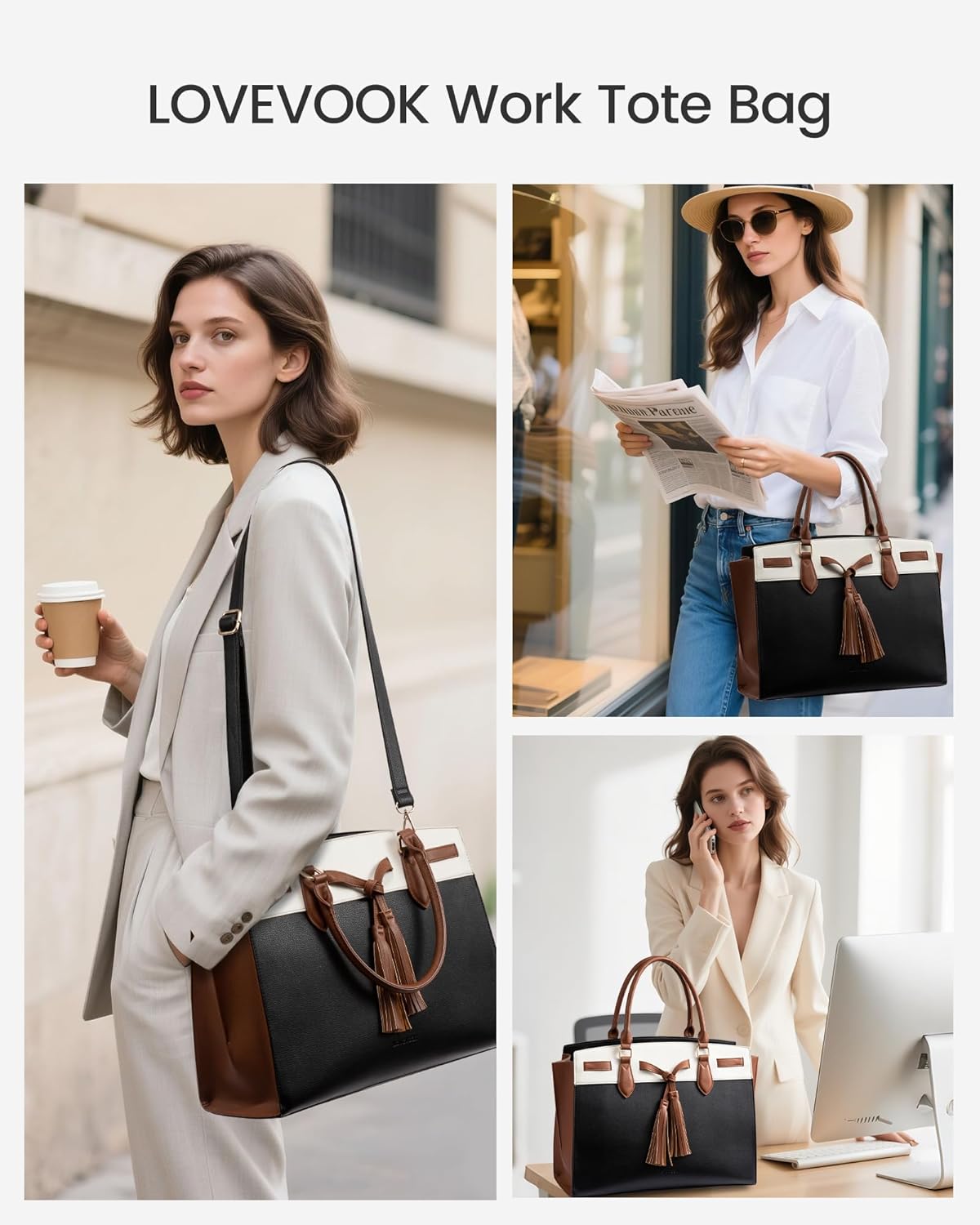 LOVEVOOK Laptop Bag for Women,Work Tote Bag with Large Cup Holder,Leather Computer Bag Teacher Bag Handbag Gifts for Women - Image 2