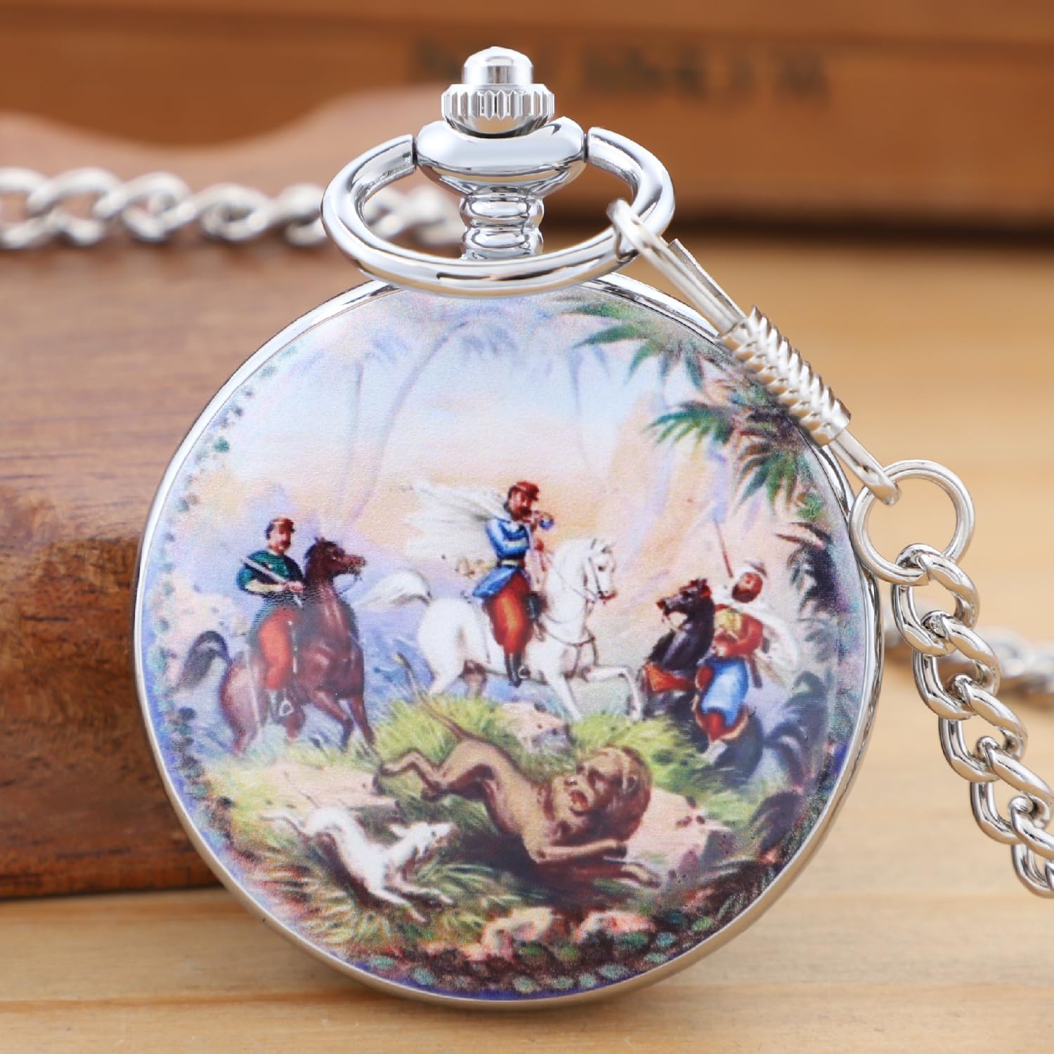 Tiong Steel Shell Colored Porcelain Flower Pattern Design Mechanical Pocket Watch, Men's Mechanical Movement Roman Numeral Dial Single Opening Pocket Watch