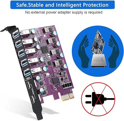 Miniatura 5 de Tarjeta de expansión PCIe a USB 3.0 de 7 puertos (2 puertos USB tipo C y 5 puertos USB tipo A), convertidor interno Tarjeta de expansión PCI Express
