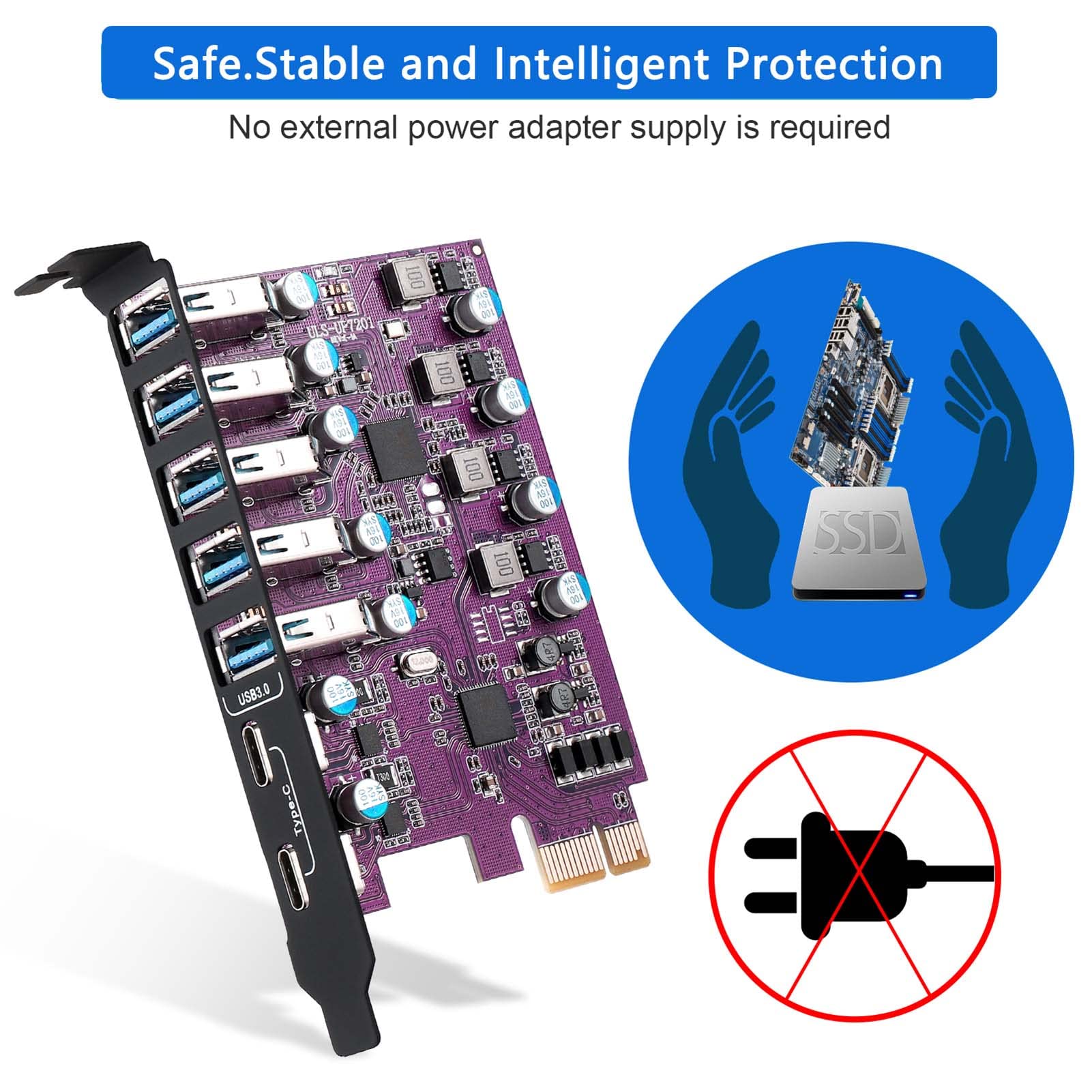 Tarjeta de expansión PCIe a USB 3.0 de 7 puertos (2 puertos USB tipo C y 5 puertos USB tipo A), convertidor interno Tarjeta de expansión PCI Express para tarjeta de PC de escritorio, compatible con 5