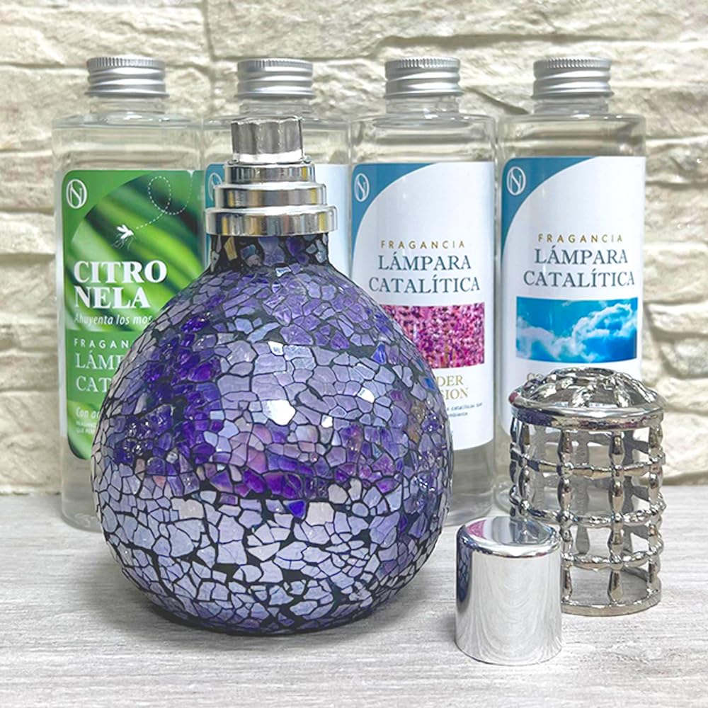 Pack Ahorro Lámpara Catalítica Mosaico Azul Océano + Fragancia Aroma Peach Velvet 500ml. Elimina malos olores e impurezas, perfuma y limpia.