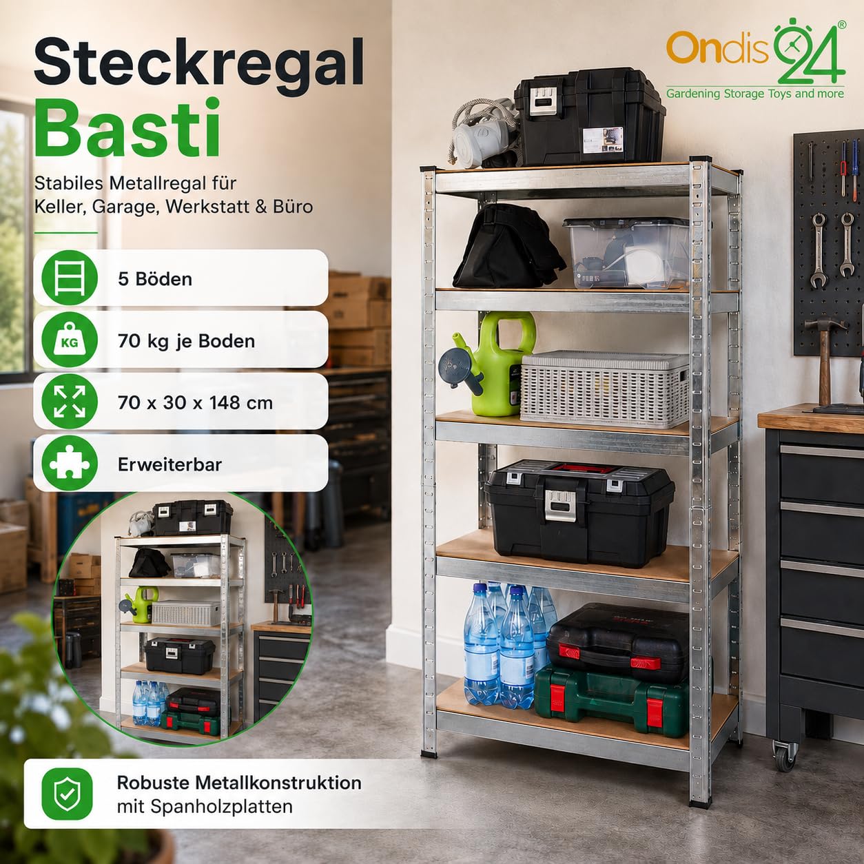 Ondis24 Metallregal Basti, Lagerregal, Kellerregal Silber, Steckregal mit 5 Einlegeböden höhenverstellbar, Werkstattregal, Schwerlastregal (2, 70 x 30 x 148 cm)