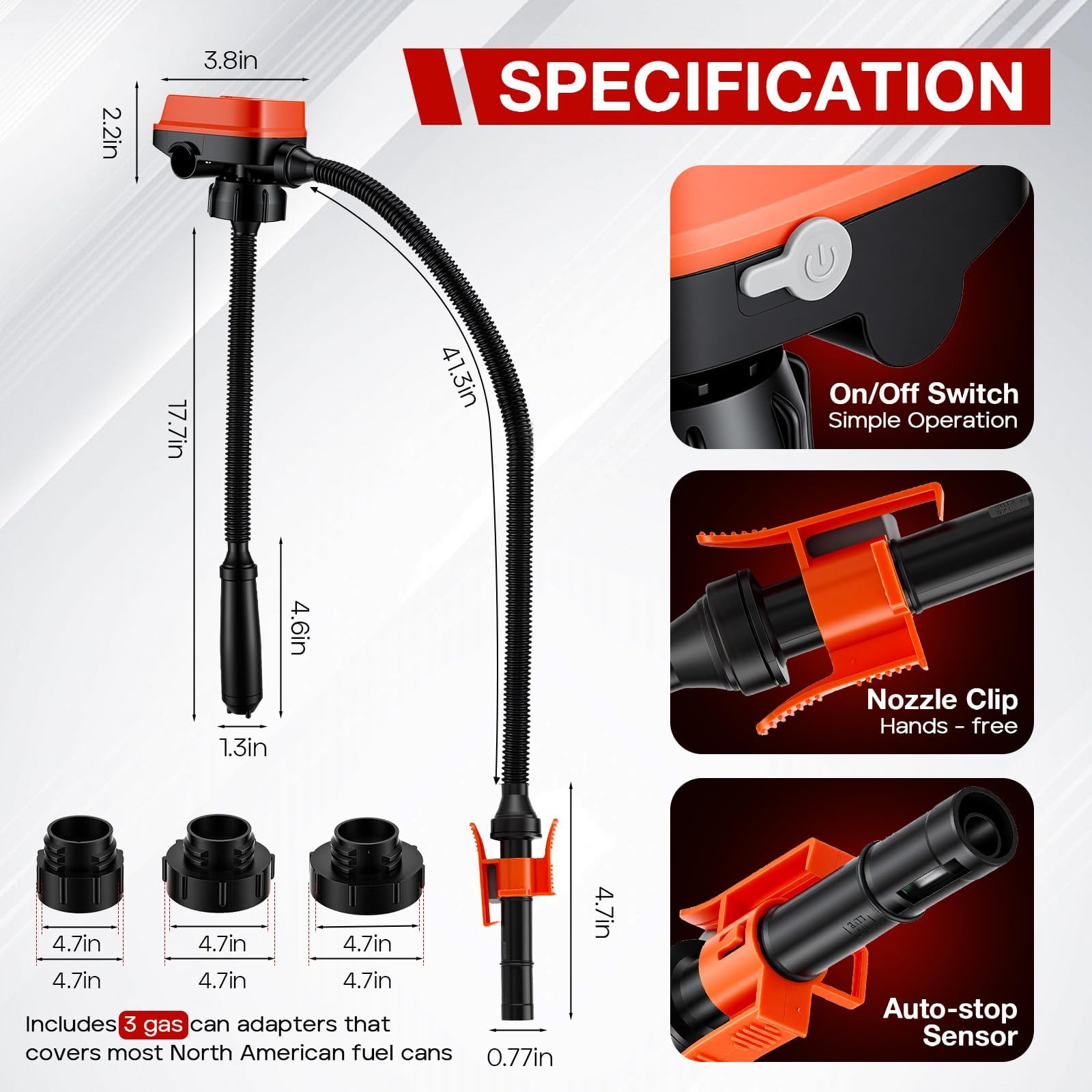 Bomba Combustible Eléctrica con Parada Auto 12L/min, Bomba Eléctrica de Transferencia de Combustible para Gasolina, Diésel y Aceite, Bomba Gasolina Bomba Gasoil para Coche Generador, con 3 Adaptadores