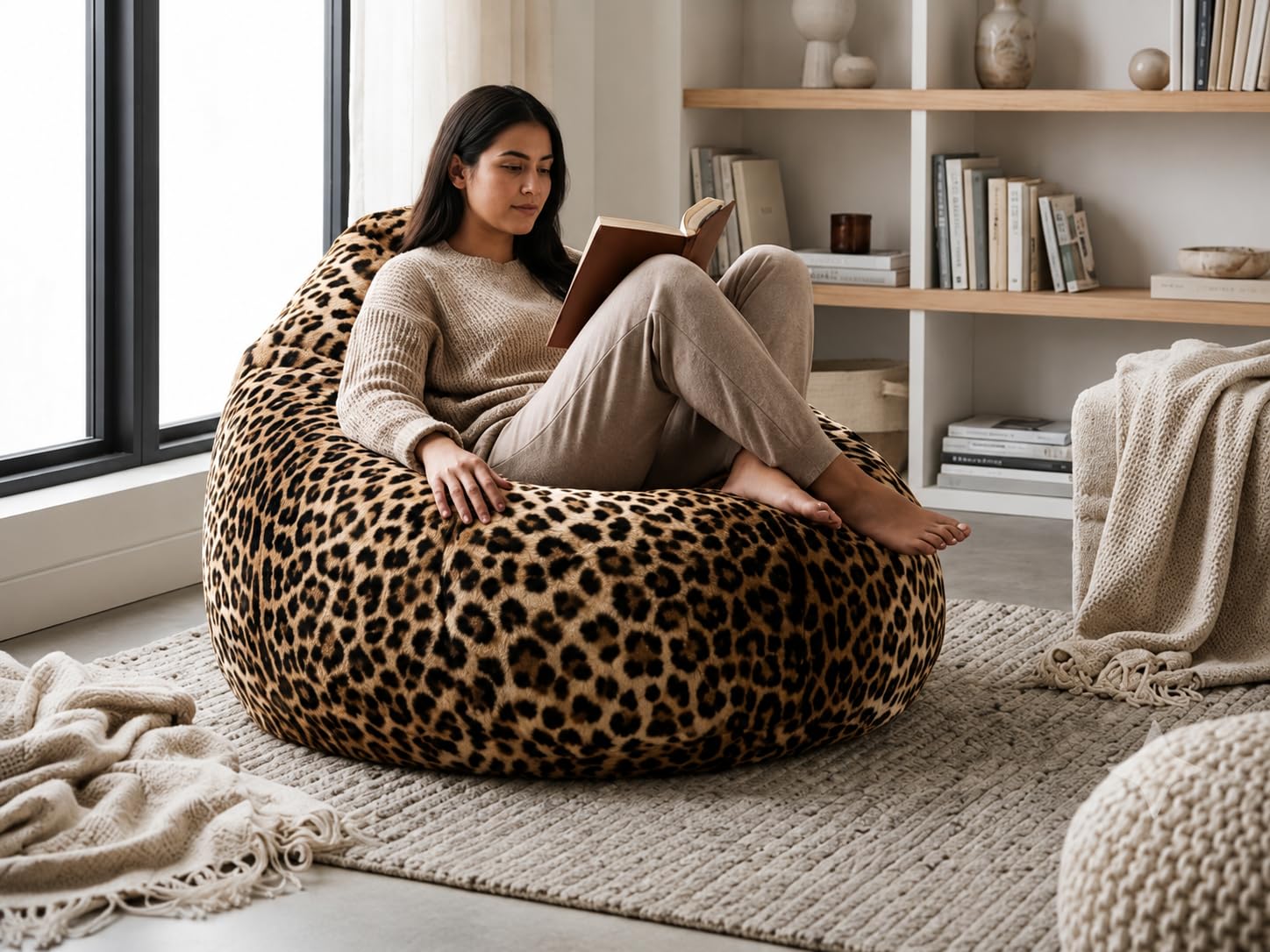 Luxury XXXL Bean Bag Cover Without Beans, Soft Faux Fur Leopard Print Cheetah Design for Kids & Adults, Washable Durable Mudda Chair for Living Room & Garden (Brown/Black)-image-23