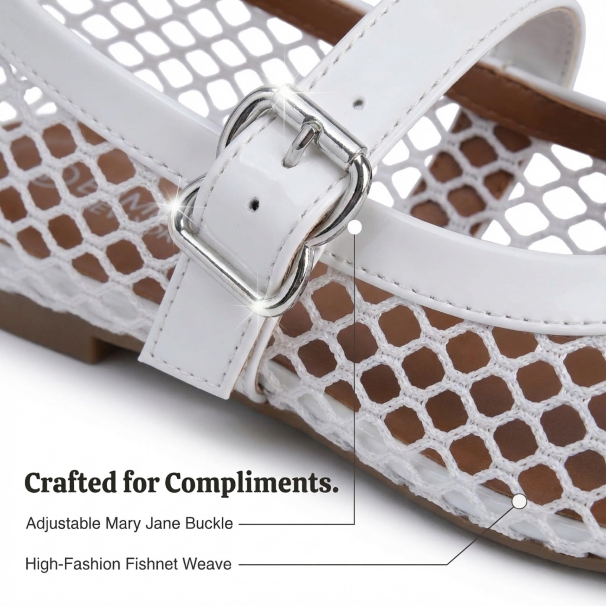 EMMA NEW YORK Mesh Ballet Flats for Women, Mary Jane Mesh Ballet Flats Shoes for Women with Buckle Strap (White, 8.5)