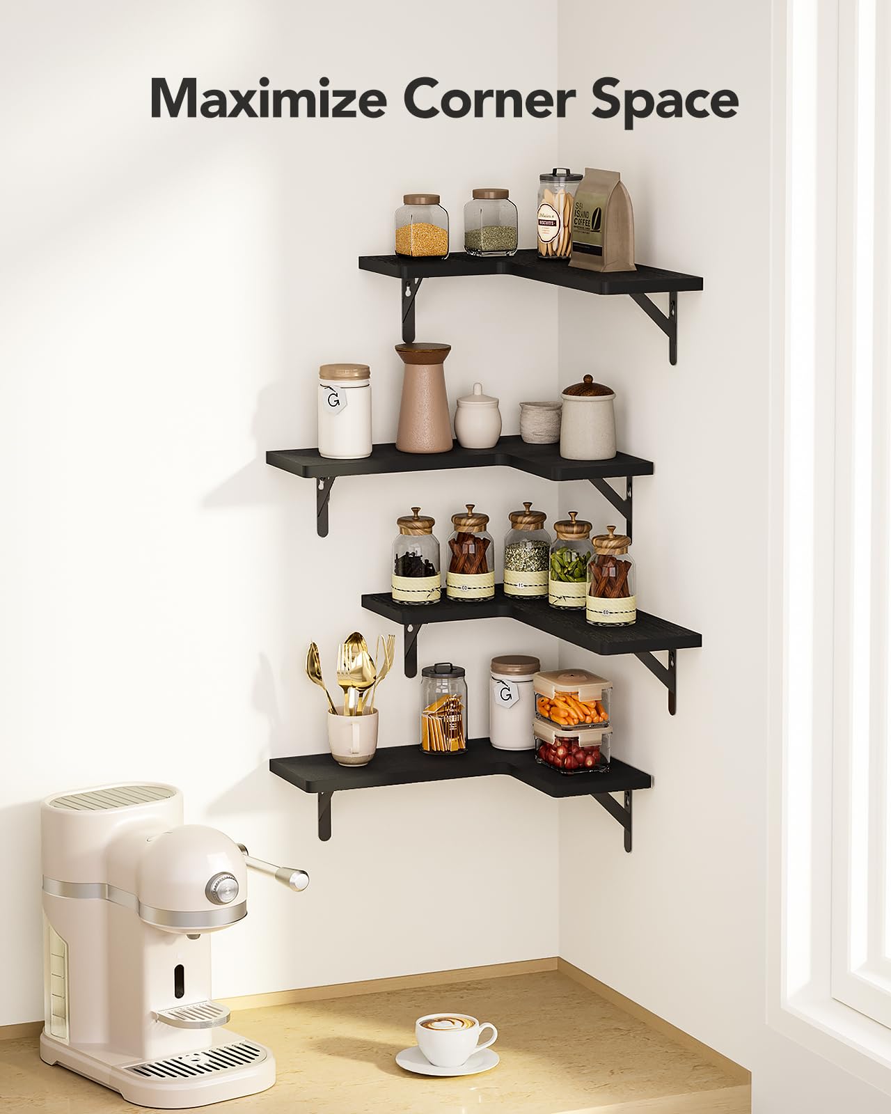 AMADA HOMEFURNISHING Corner Floating Shelves, Set of 4 Corner Wall Shelves, Shelves for Wall Decor, Corner Wood Shelves for Home Decor, Office, Bedroom, Bathroom, Laundry Room, Kitchen, Black