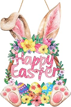 Wooden Bunny Easter Wreath for Front Door Decor - Happy Easter Spring Door Sign Decoration with Cute Hollow Rabbit Design, Hanging Rope, Outdoor Indoor Fireplace Window Wall Hanging Decor