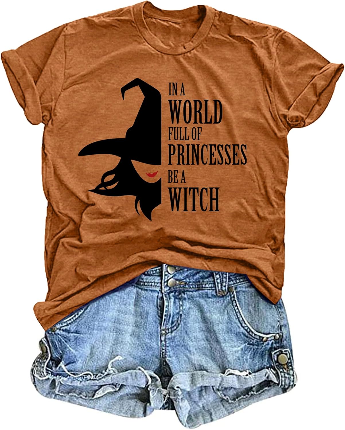 VVNTY Halloween Shirts for Women Witch Shirt Novelty Witchy Graphic Tees Halloween Hocus Pocus Clothes Brown Medium