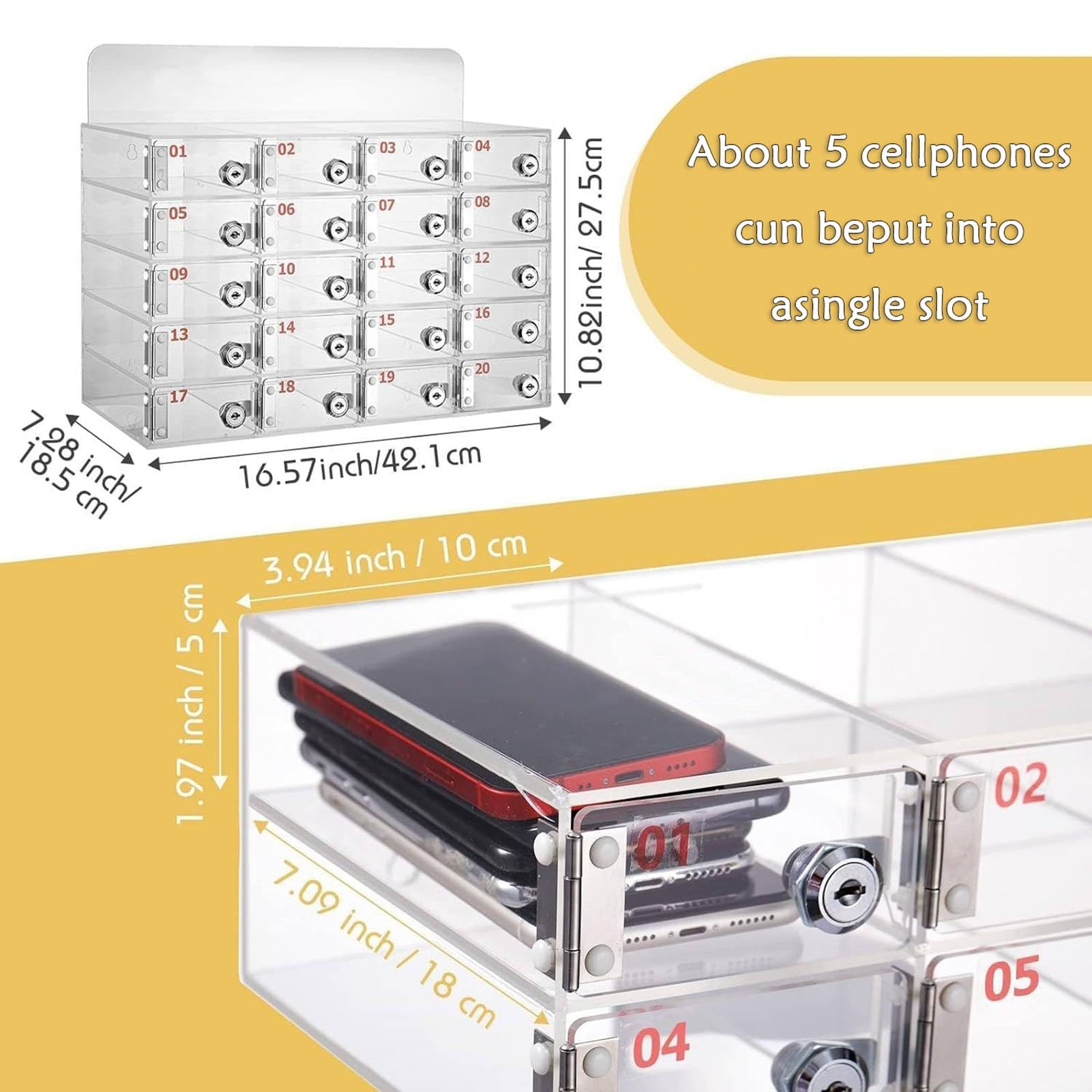 Taquilla para Teléfonos Móviles con Cerradura, Organizador de Escritorio Transparente con 12/15/20 Compartimentos para Oficina o Empleados(15bit)