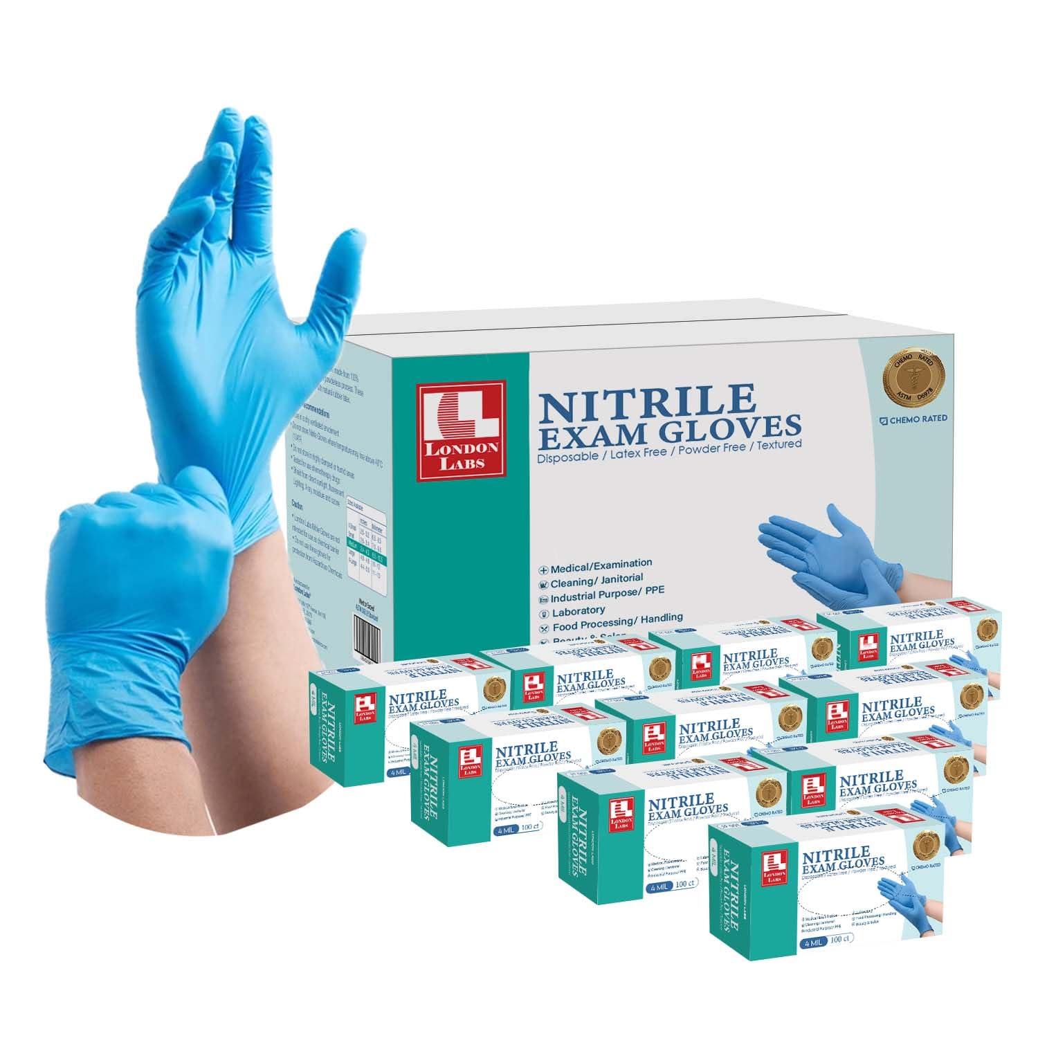 London Labs Nitrile Exam Gloves, 4 Mil Thick Chemo-Rated Disposable Gloves, Latex-Free & Powder-Free (1000, X-Large)
