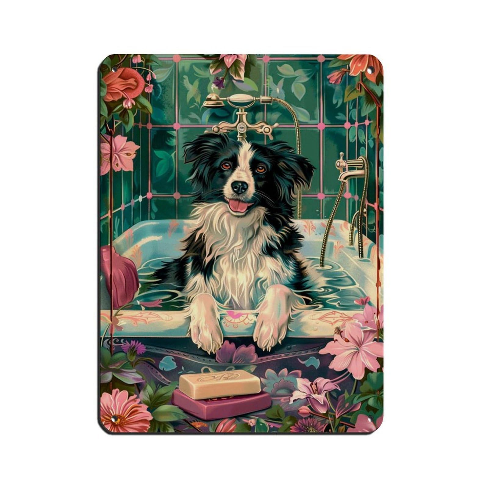 Border Collie in Bath Fun Bathroom Art (2) Tin Sign Vintage Metal Pub Club Cafe Bar Home Wall Art Decoration Poster Retro 12x16inch(30x40cm)
