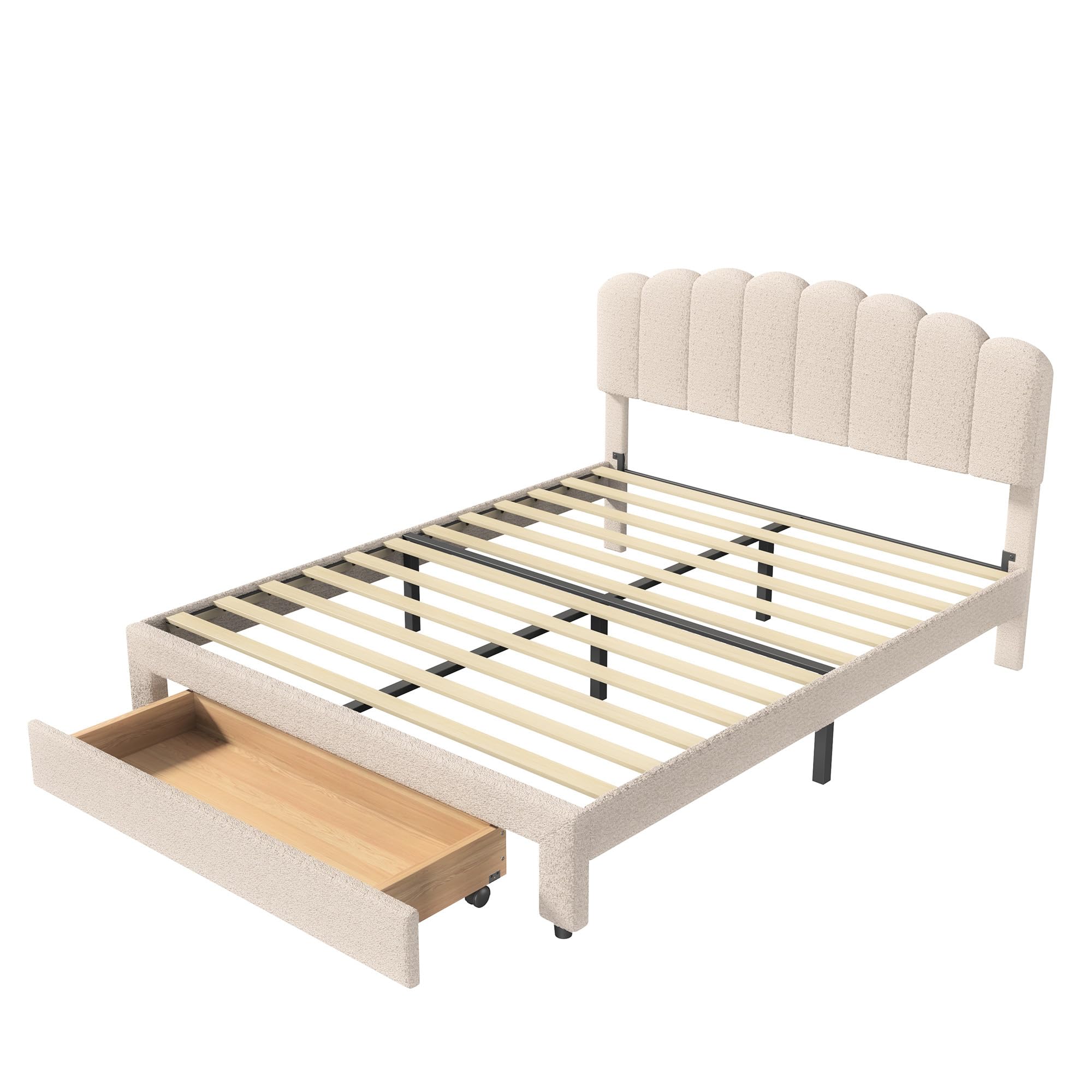 Letto imbottito 140 x 200 cm, letto matrimoniale con 1 cassetto e rete a doghe, testiera regolabile in altezza con funzione di ricarica USB-C – Letto per riporre lo schienale del letto, Teddy