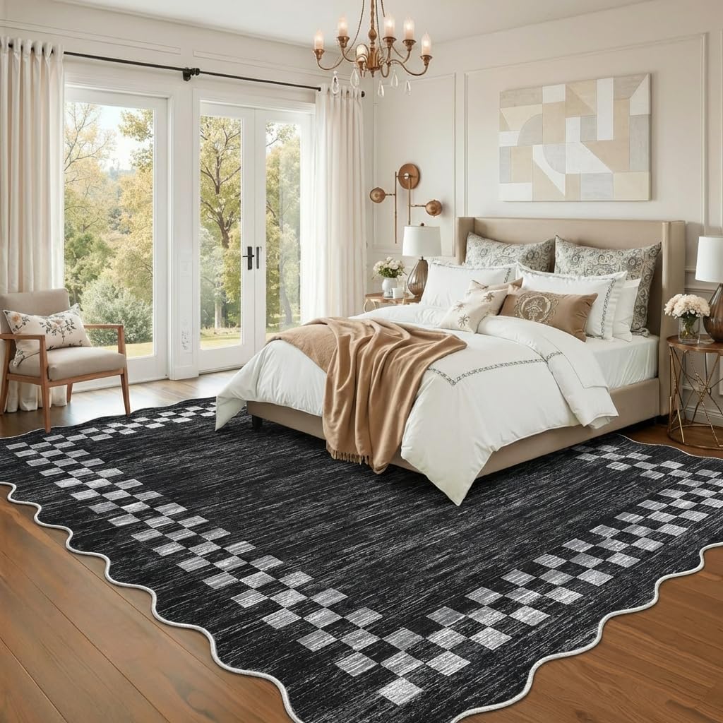 Garvee Scalloped Area Rug for Living Room 4x6 Machine Washable Non Slip Scalloped Rug Low Pile Neutral Soft Carpet Geometric Bordered Stain-Resistant for Bedroom Nursery Office Playroom, Grey