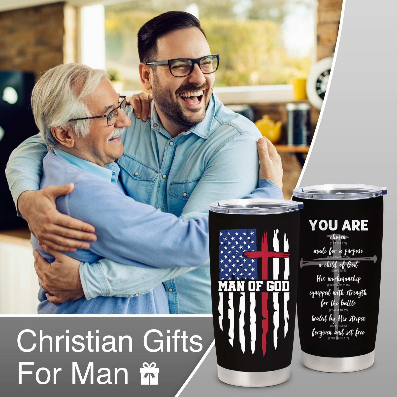 Christian Gifts for Men, Catholic Gift, Religious Gifts for Men, Christian Fathers Day Christmas Birthday Graduation Mugs, Inspirational Gifts, Bible Verse Gift, Man of God 20oz Coffee Tumbler