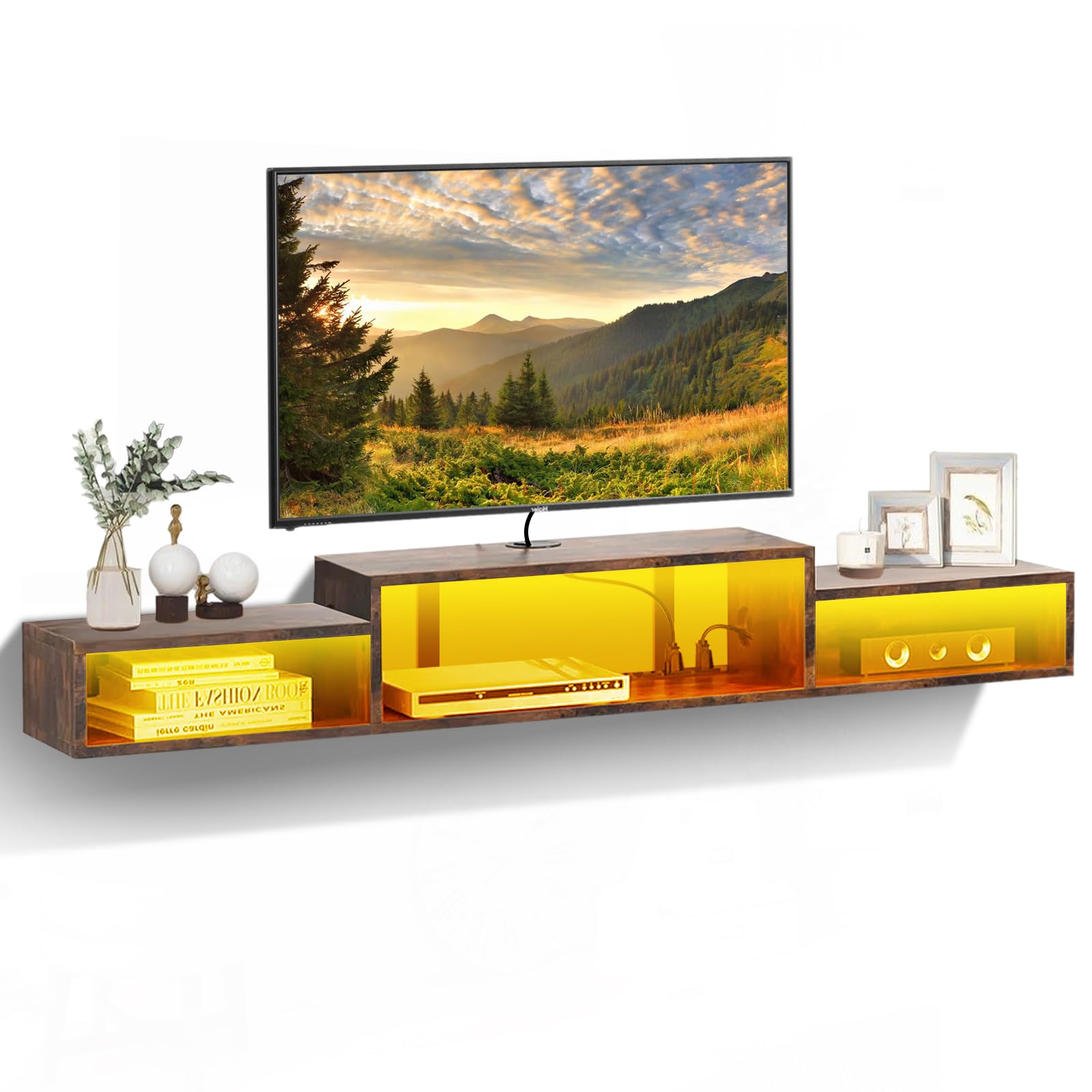 LOKOOY Mueble Flotante para TV 70" con Luces LED, Repisas Flotantes para TV -Ideal Almacenamiento Debajo, con 4 Enchufes y 3 Espacios Abiertos, Sencillo y Ahorra Espacio, Marrón Rústico - Marrón Rústico