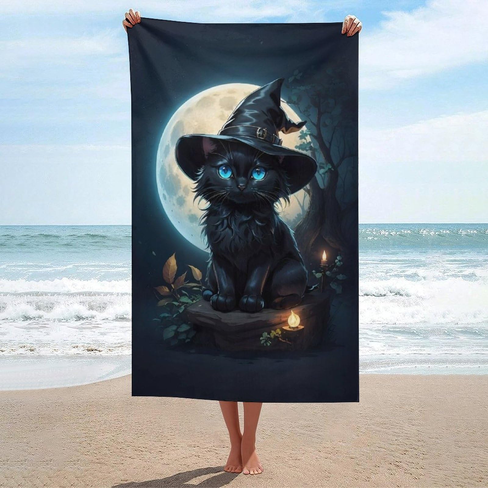 Serviette de plage chat sorcière Halloween séchage rapide 130x80 cm