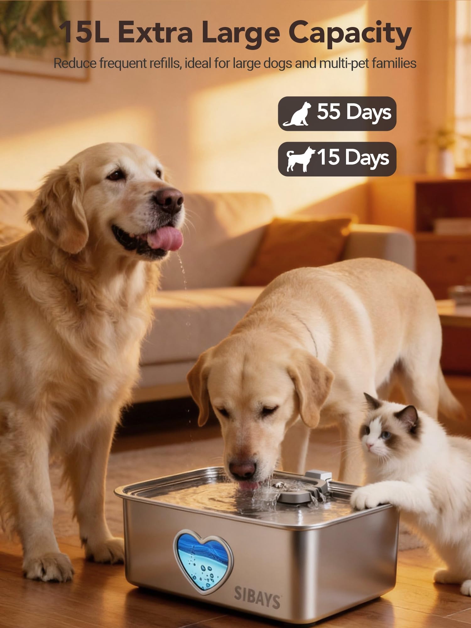 SIBAYS 15L Large Dog Water Fountain, 4 Gal Stainless Steel Pet Water Fountain for Dogs Inside, Ultra Quiet Automatic Dog Water Bowl Dispenser with Water Level Window & LED Light, Easy to Clean FS80 - image 2