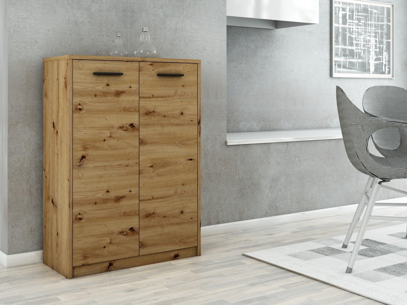 MATKAM Cajonera de Oficina 2D2P de 2 Puertas, h/h 108 x 77 x 35 cm, con Dos baldas Interiores (separadas 31,7 cm, aptas para una Carpeta estándar), Tiradores de Aspecto metálico (Roble Artisan)