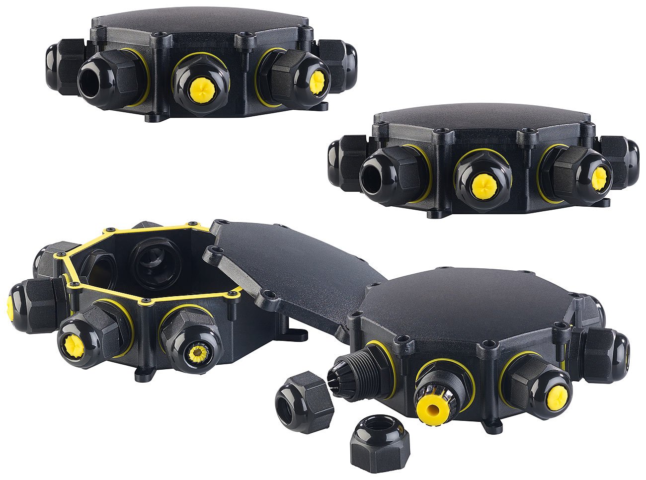 revolt Verteiler wasserdicht: 4er-Set Outdoor-Kabel-Verbindungsbox, 6-Fach, Kabel bis Ø 14 mm, IP68 (Abzweigdose wasserdicht, Kabelverbinder)