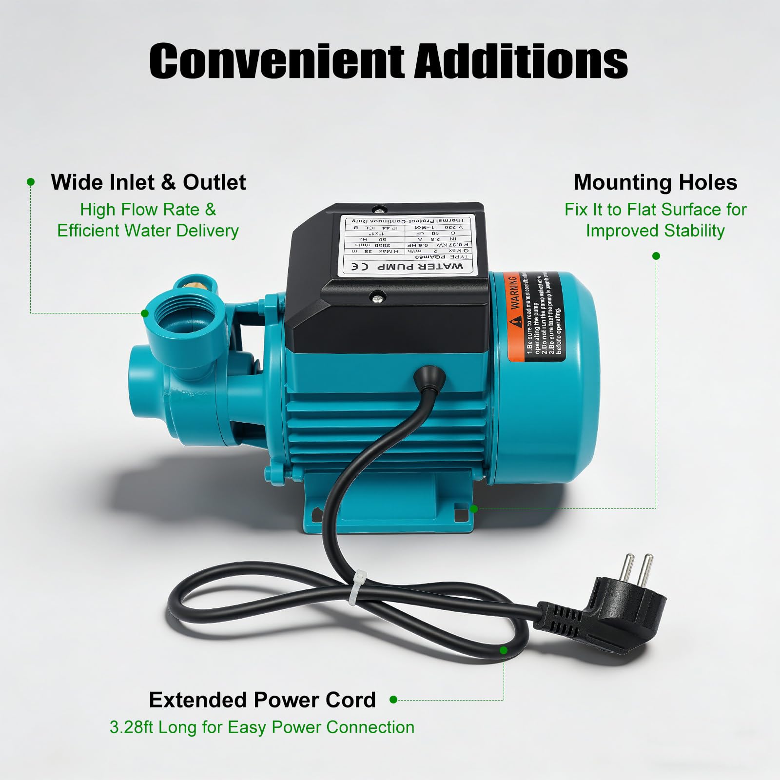 Gartenpumpe 370W 220V, Geräuscharmer Druckerhöhungspumpe 2000 l/h, 38 m Förderhöhe Hauswasserwerk pumpe Bewässerungspumpe Elektropumpe