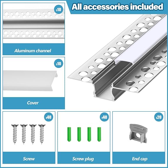 Glooglitter - 10 Pack 6.5ft/2m LED No Cut Out Channel Diffuser LED Recessed Channel Drywall Aluminum LED Profile with End Caps for Wall Drywall Ceiling (0.49 in Wide)