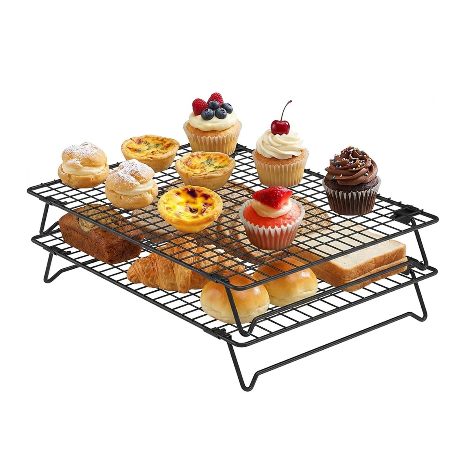 JOUFNING Stackable Cupcakes Cooling Racks – Nonstick Carbon Steel Baking Racks with Collapsible Legs, Perfect for Cooking, Roasting, Grilling, Drying & Cooling Cookies(2-Tier)