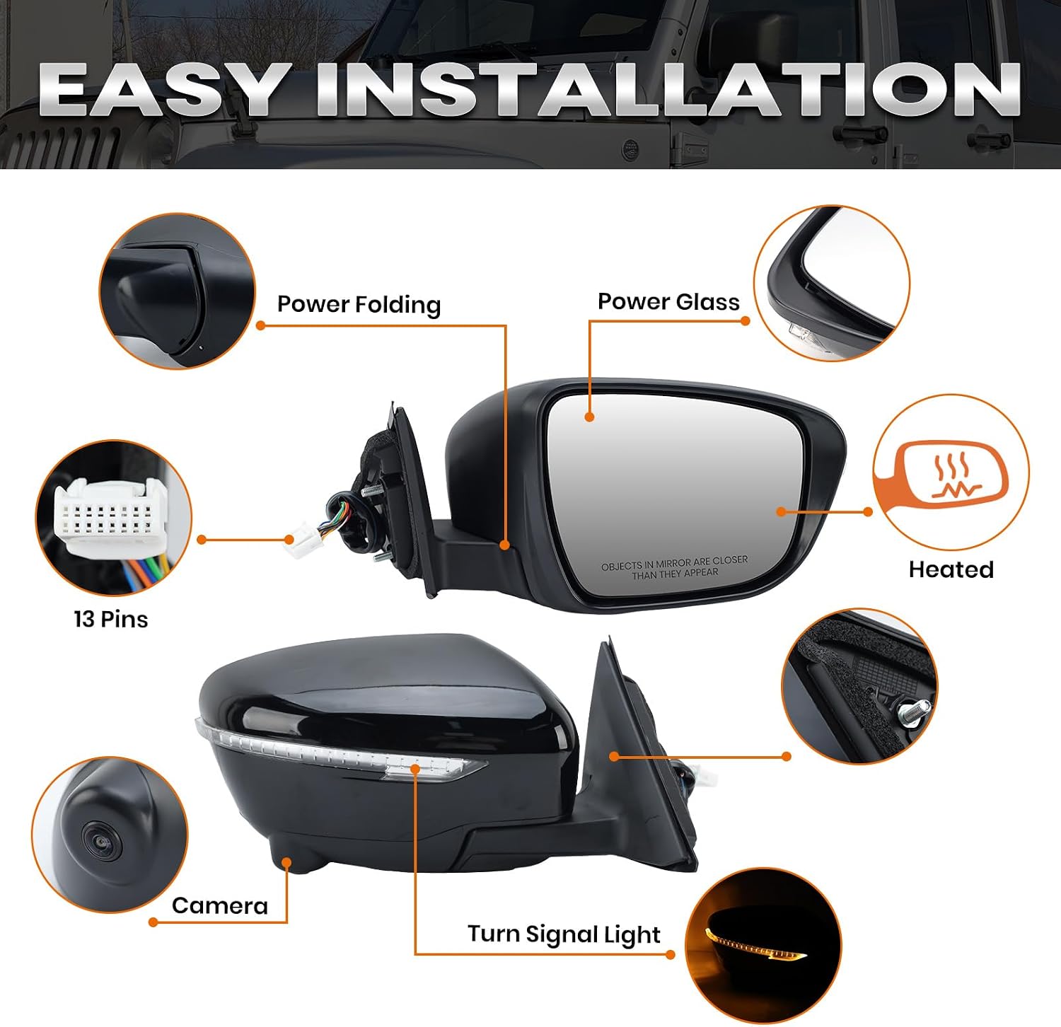 Right Passenger Side Mirror Compatible with Nissan Rogue 2014-2020 with Heated Power Folding Turn Signal Camera Power Glass 13 Pins (NOT FIT Rogue Sport)