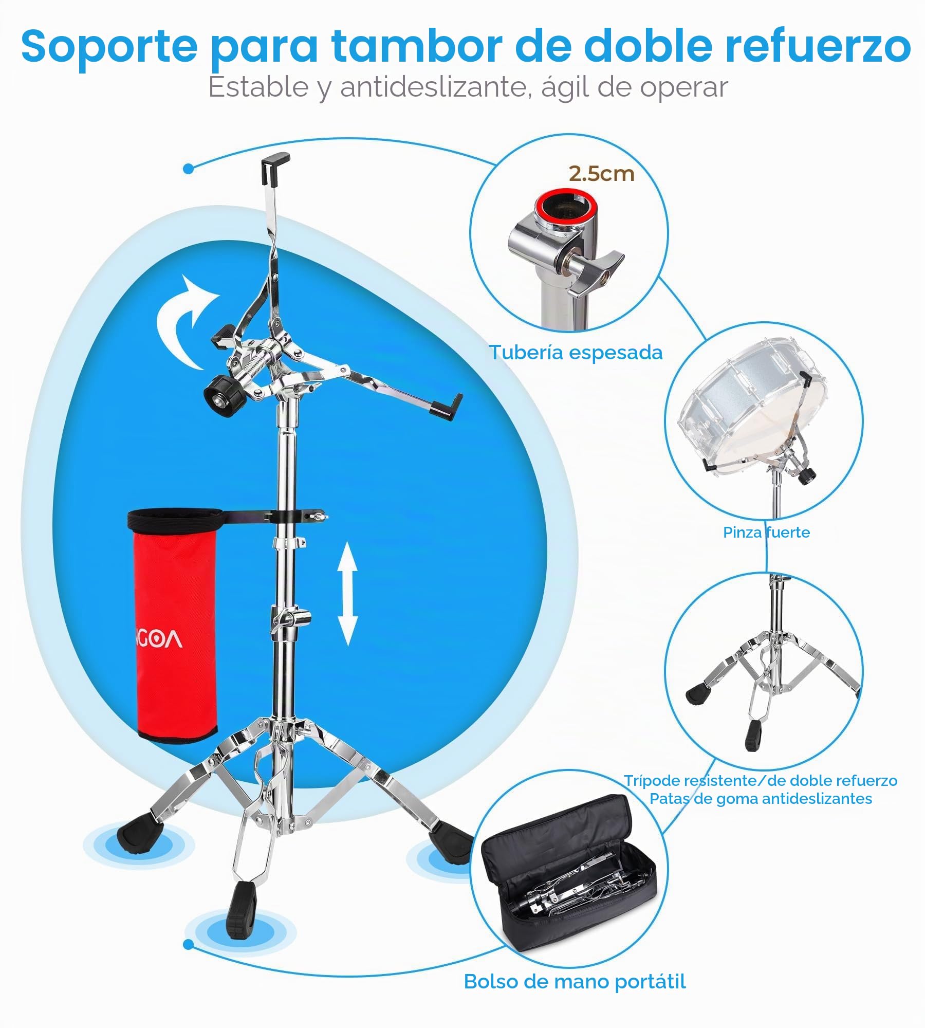Vangoa Caja Tambor Kit Con Soporte,Snare Drum Para Adultos, Principiantes, Caja Bateria Percusion Instrumento,Marching Tambor De Marcha 14 X 5.5 Pulgadas, Negro