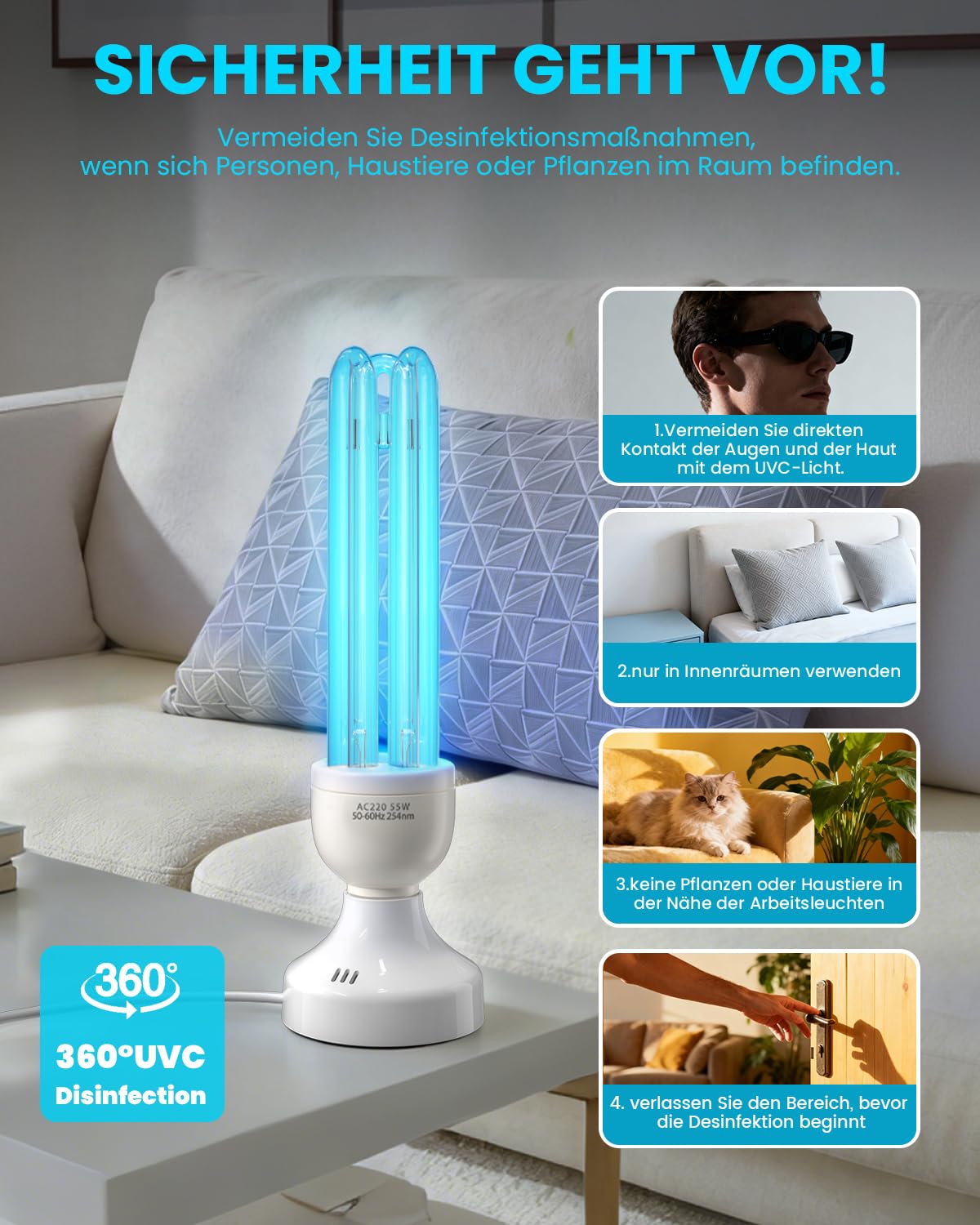 55W UV Lampe Desinfektion Ozon Licht mit Fernbedienung und 3 Timer Keimtötende Lampe, Duale Sterilisation und Desinfektion, AC220-240V, Perfekt für Küche, Schlafzimmer, Büro Frischluft