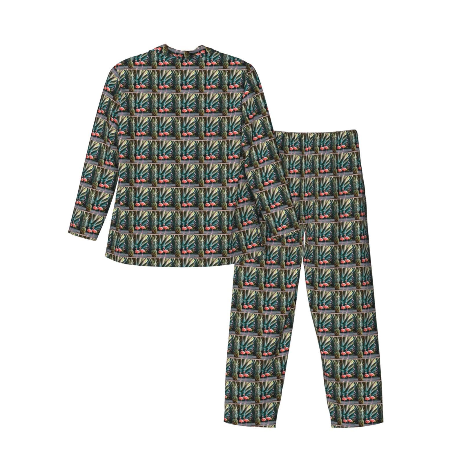 Herren-Pyjama-Set, langärmelig, Ananas-Flamingo-Druck, zweiteilig, Hauskleidung, bequeme Nachtwäsche, Nachtwäsche
