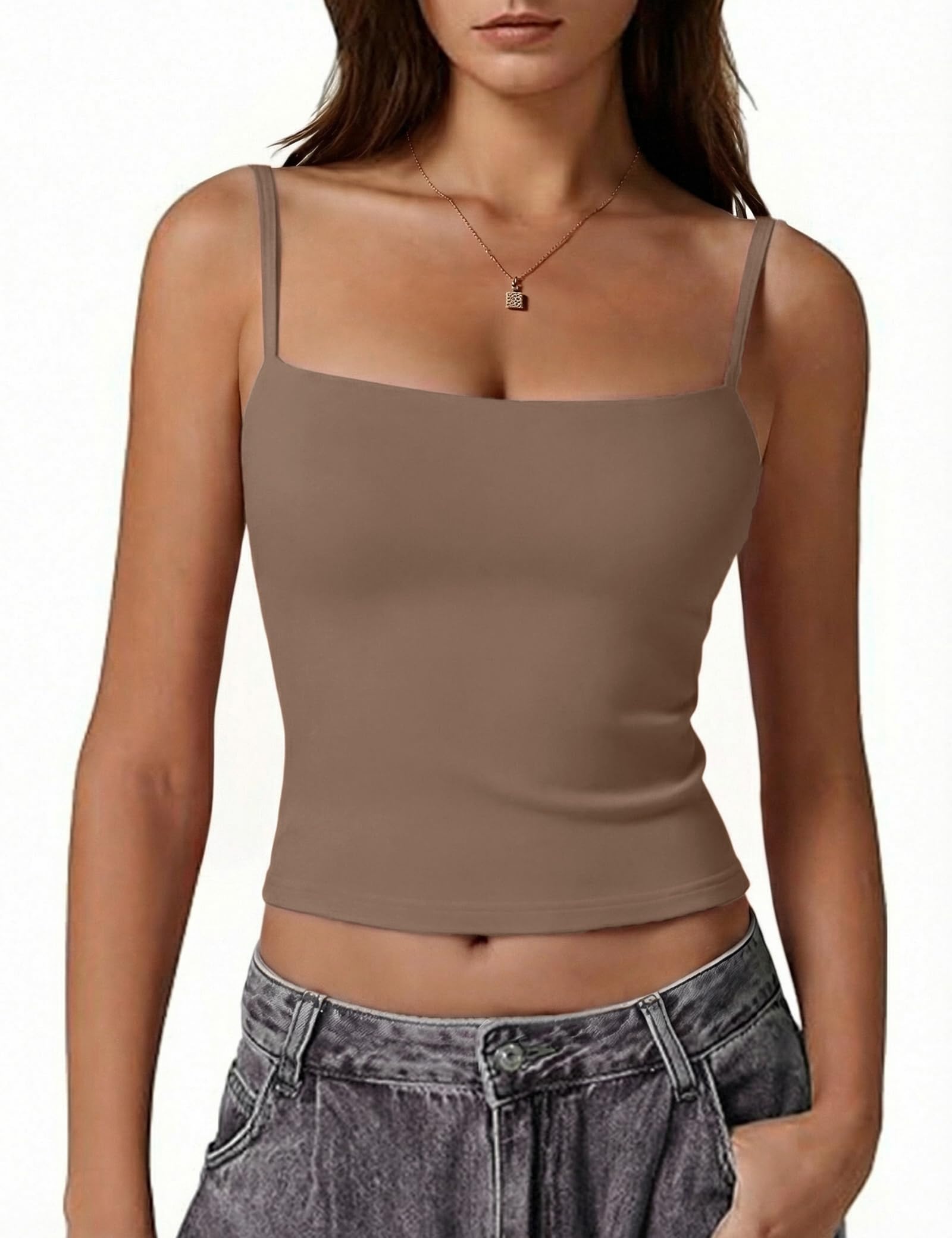 Gyabnw Damen Tank Top Y2K Doppellagiges Slim Fit Spaghetti T-Shirt mit Verstellbaren Schulterträgern