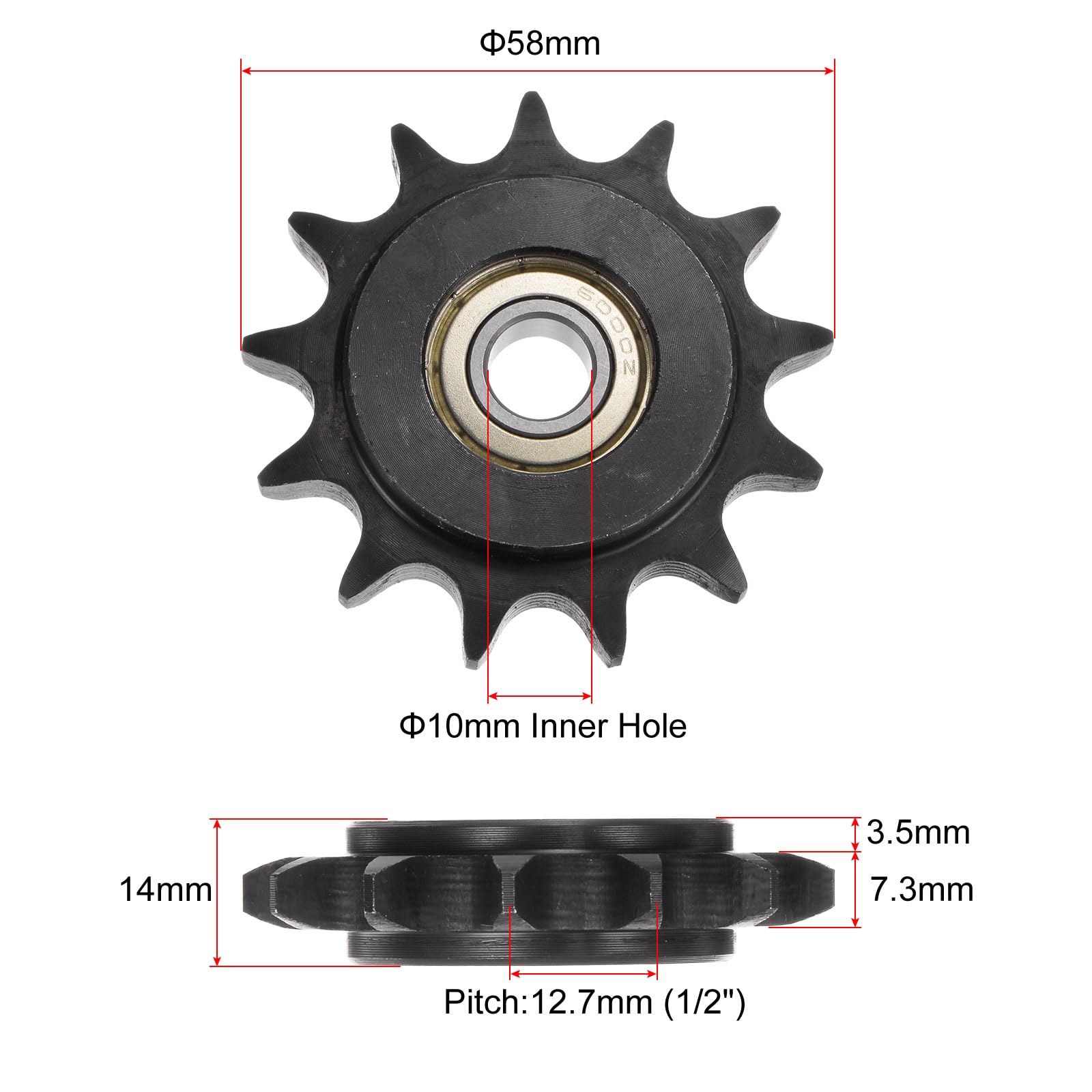 QUARKZMAN 2Pcs Pignon de Renvoi de Chaîne à Rouleaux DIN(ISO) 08B, Alésage de 10mm, Pas de 1/2", Denture Durcie de 13 Dents, Roulement à Billes Simple (Type B) Inséré.