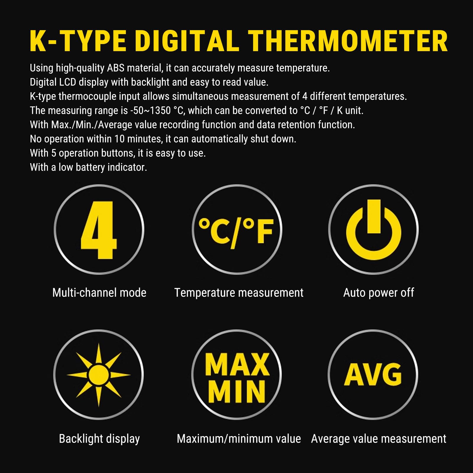 Temperaturmessgerät Typ K, Digitales Thermoelement Thermometer TL-TK04 4-Kanal-K-Typ Kontakt-Digitalanzeige Thermometer mit fühler für Industrie Landwirtschaft Meteorologie Haushalt, -50°C bis 1350°C