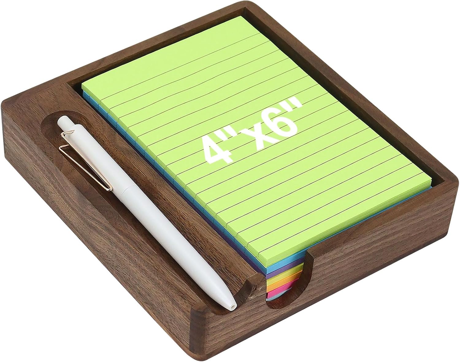 Buqoo Black Walnut Wood Sticky Note Holder with Pen Slot, Fits 4x6 Inches Memo Pad, Natural Wooden Desktop Organizer for Office School Home