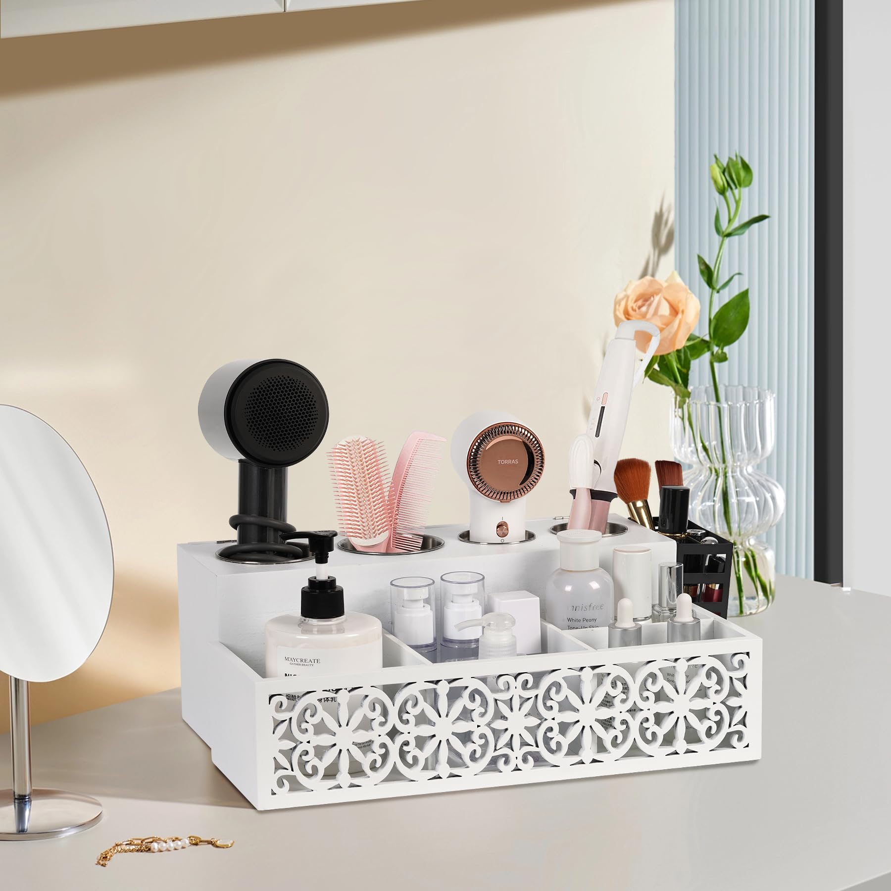 TRSPCWR Hair Tool Organizer, White Hair Dryer Holder, Bathroom Countertop Blow Dryer Holder with Side Basket, Hollow Out Flower Design, Vanity Caddy Storage Stand for Accessories, Makeup, Toiletries