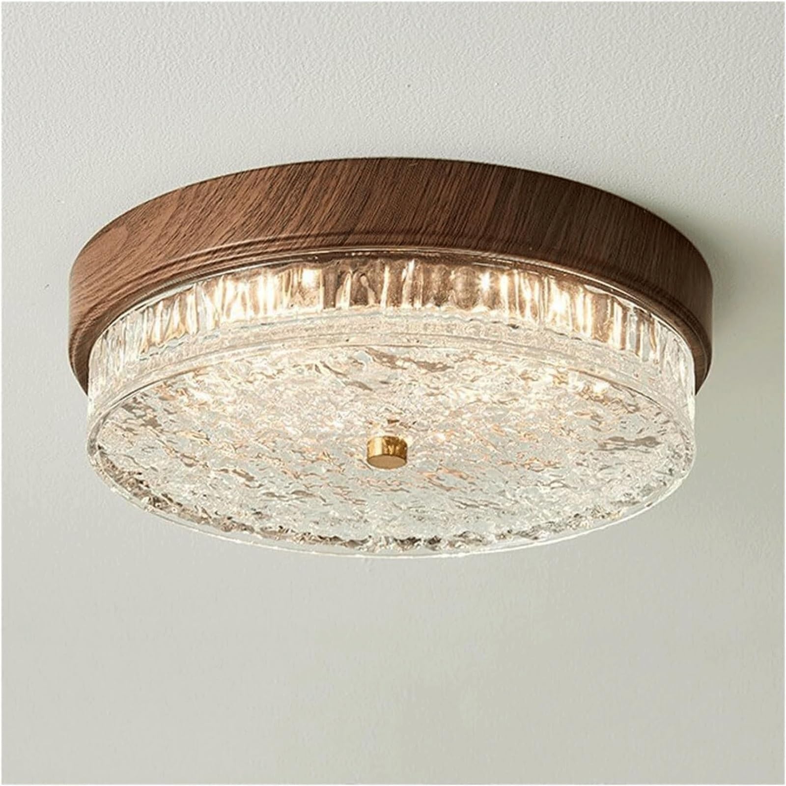 DUddTTW Wood Ceiling Light Fixture Round Flush Mount Lighting Water Glass Ceiling Lamp Dimmable Close to Ceiling Light Bedroom Chandelier(Walnut,47cm)