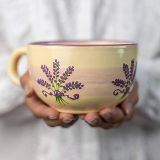 City to Cottage® Lavender Pattern Purple and Cream | Designer Handmade Hand Painted | Unique Ceramic Extra Large 17.5oz/500ml | Cappuccino Coffee Tea Soup Mugs Cups with Handle | Gift