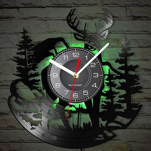 Miniatura 8 de Cabin Deer - Reloj de pared con 7 colores cambiantes, reloj de caza de ciervos de 12 pulgadas, silencioso, funciona con pilas, bosque y vida