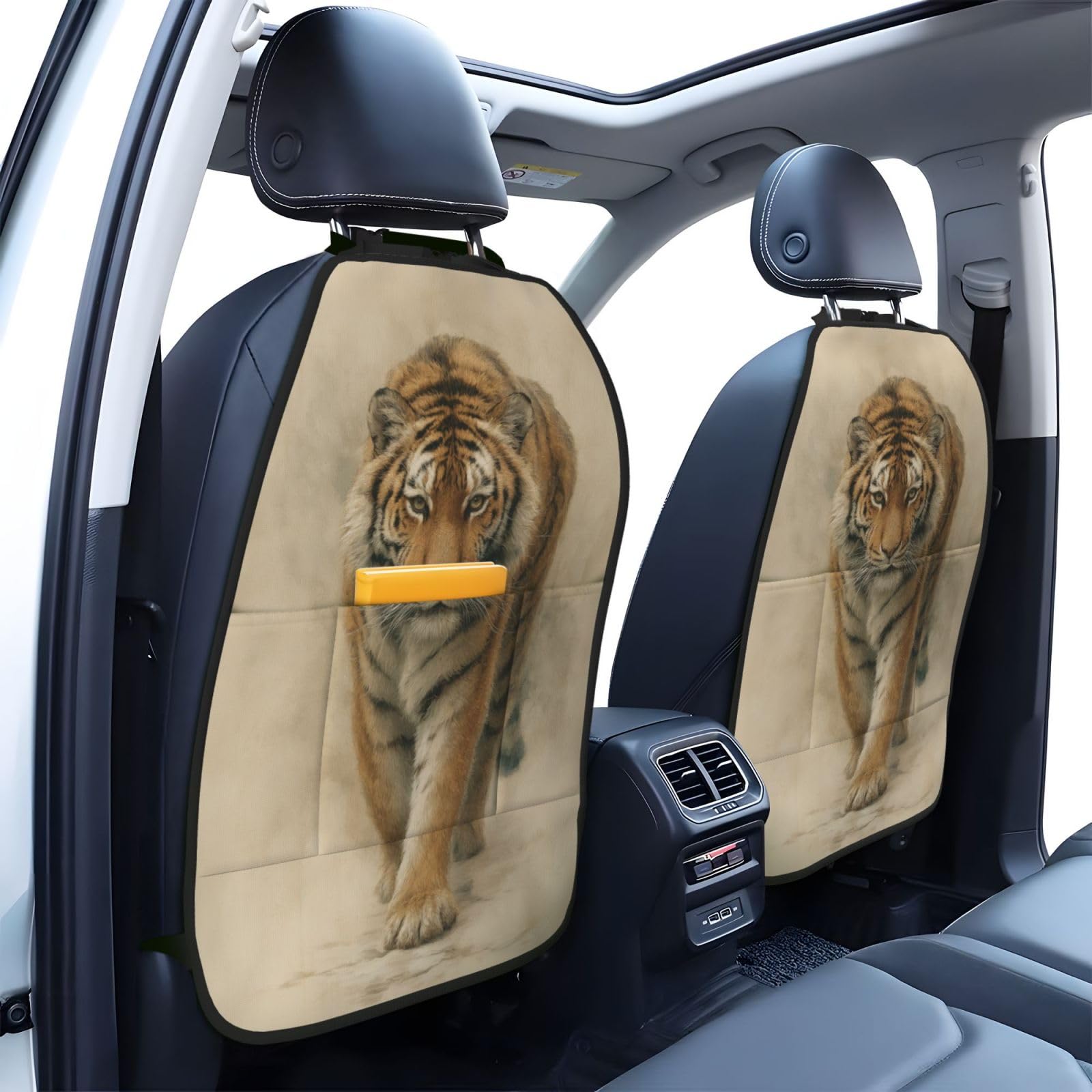 Tiger Walking Traditional Japanese Art Car Seat Back Kick Protectors,2 Pack Kick Mats with Storage Pockets for Vehicles to Protect from Dirt Mud Scratches