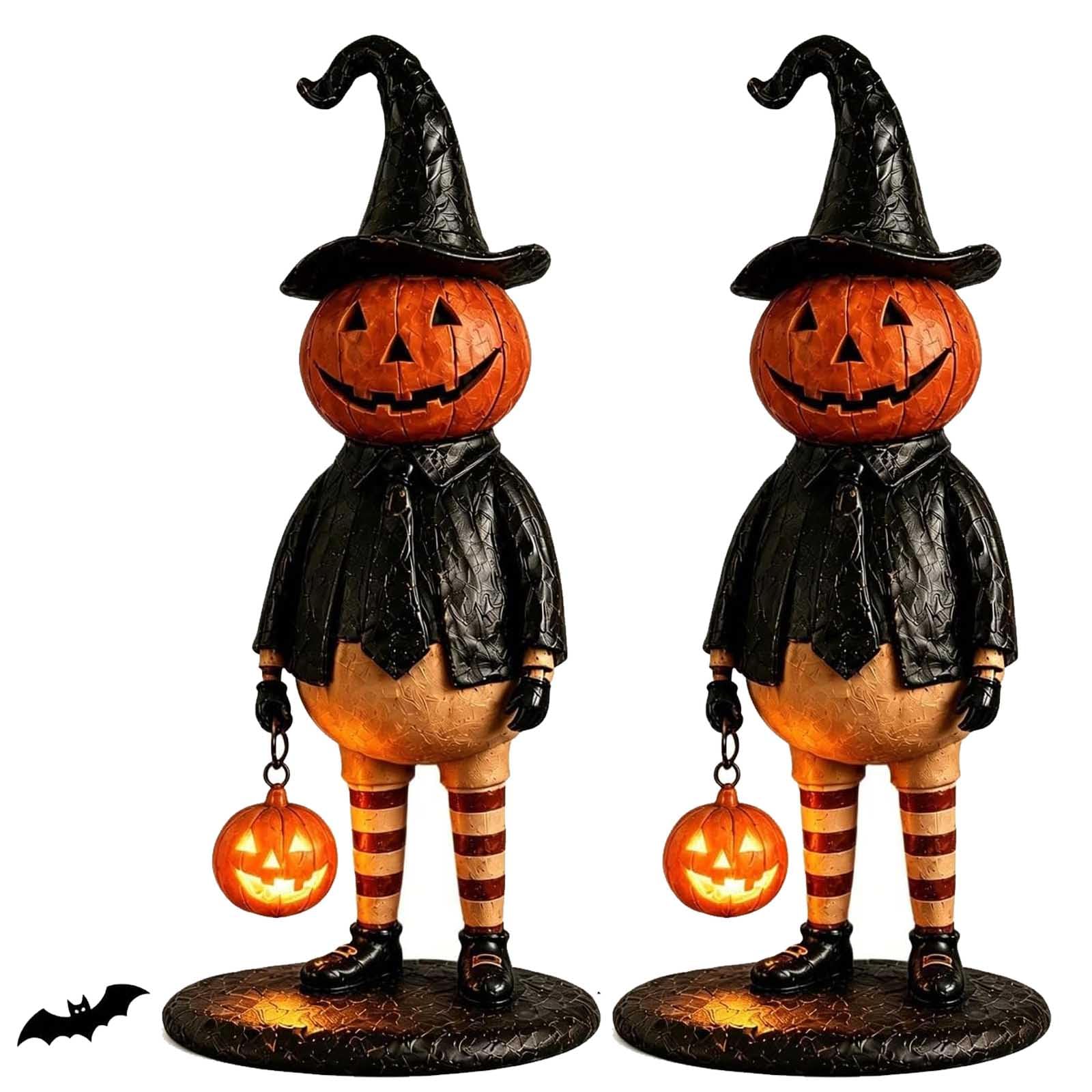 Halloween Pumpkin Head Figurine with Lighted Handheld Pumpkin Lantern, Vintage Pumpkins Witch Gentleman Statue, LED Light Up Jack O' Lantern Tabletop Decor for Home Shelf Mantel Display (2PC)