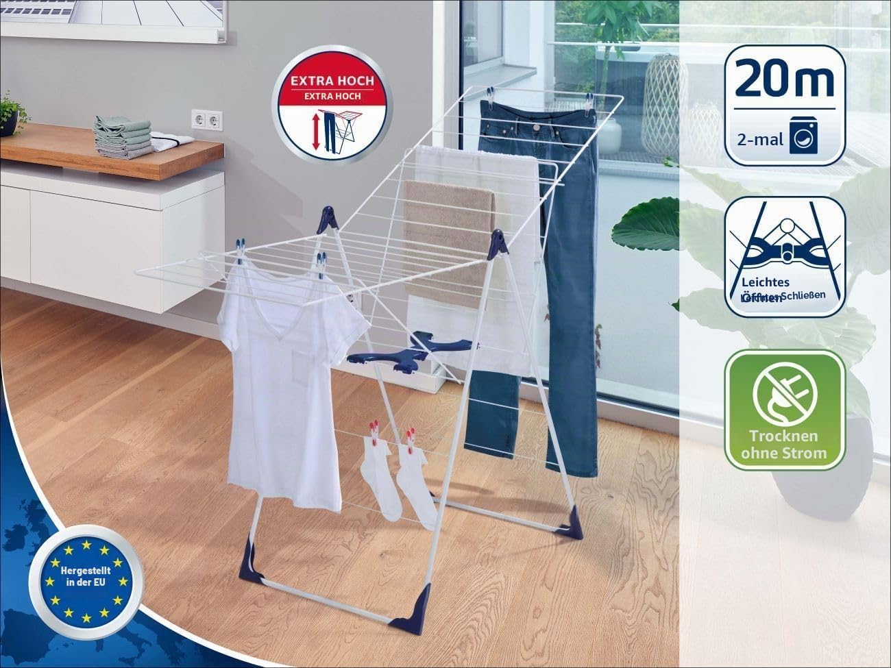 Leifheit Wäscheständer Classic 200 Flex, 20 m Trockenlänge, klappbar | Wäschetrockner 2 höhenverstellbare Flügel, Easy-Opening Funktion, witterungsbeständige Stäbe, für ca. 2 Waschladungen, weiß