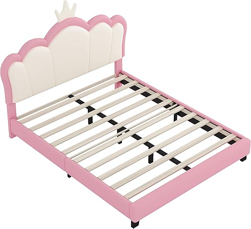 Miniatura 7 de Harper &amp; Bright Designs Base de cama de princesa tapizada de tamaño matrimonial con cabecero de corona para niños, niñas, niños pequeños, cama de