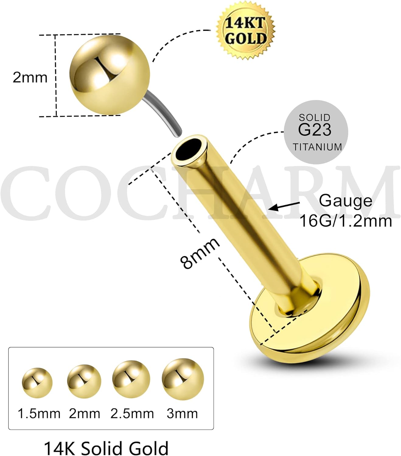COCHARM 14K Solid Gold Helix Cartilage Tragus Earring Stud 16g Yellow Gold Threadless Tragus Cartilage Helix Conch Piercing Jewelry Flat Back Lip Labret Medusa Monroe Piercing Stud - Image 3