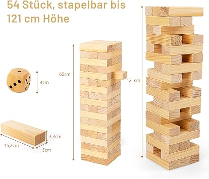 DREAMADE XXL Wobble Tower with 54 Building Blocks & Cube & Carry Bag Tumbling Tower Made of Pine Wood Wooden Tower Height up to 121 cm for Children and Adults for Outdoor & Indoor Use